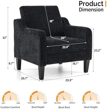 VINGLI Black Accent Chair, Chenille Upholstered Armchair for Living Room