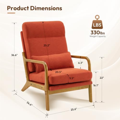 Bonnlo High Back Linen Burnt Orange Mid Century Modern Accent Chair, Soild Wo...