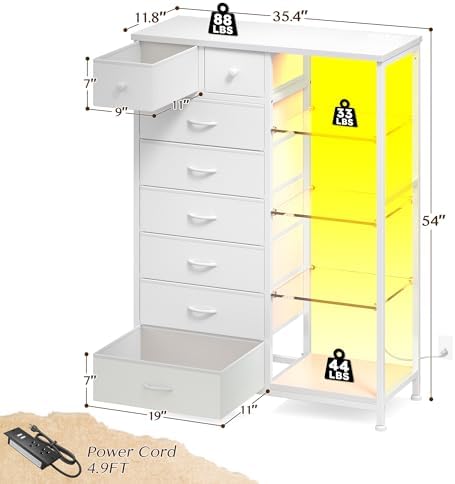 EnHomee White Dresser with LED Lights & Power Outlets, 8 Drawers, 54" H