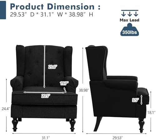 Accent Chair for Living Room, Mid Century Modern Upholstered Armchair, Wingba...