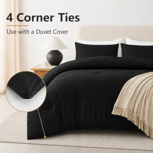CozyLux King Comforter Set, 3 Pieces Down Alternative Bedding, Black