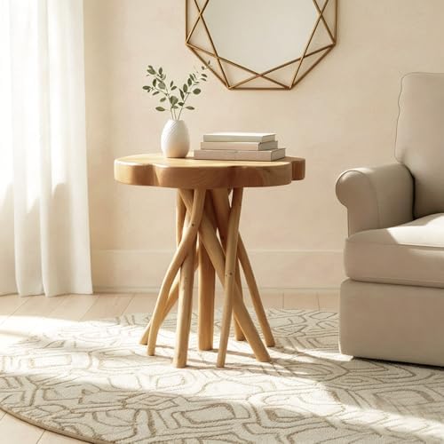 WELLAND Solid Teak Live Edge End Table, Petal Accent Table