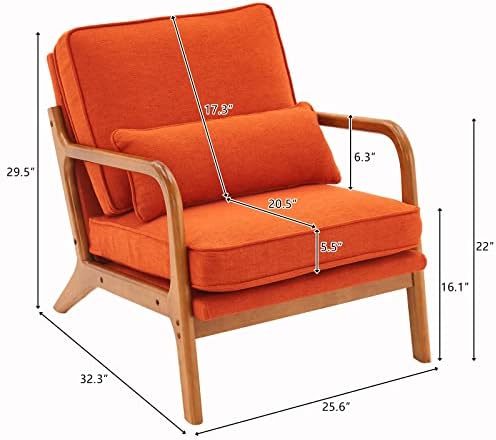 VINGLI Linen Burnt Orange Comfy Accent Chair, Mid Century Modern Lounge Armch...