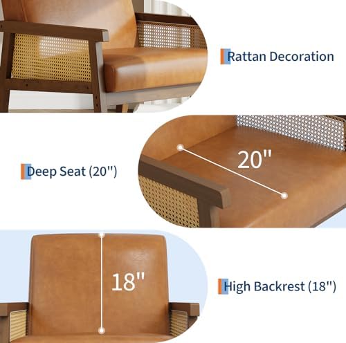 IDEALHOUSE Rattan Accent Chair with Wooden Frame and High Back, Brown