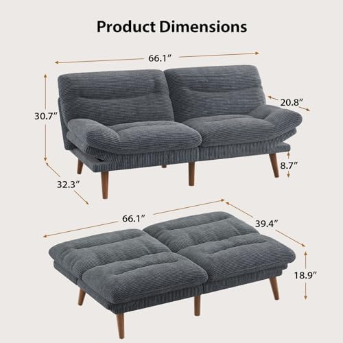 PERLECARE Convertible Futon Sofa Bed, 66" Corduroy Futon Couch with Adju...
