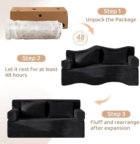 BYBYME Convertible Sofa Bed, 6” Thick 3-Folding Floor Sofa, 53” Loveseat