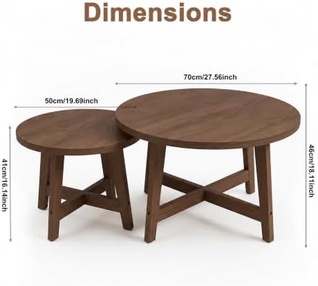 47.2" Round Nesting Coffee Table Set of 2 Walnut Wood Grain Center Table...