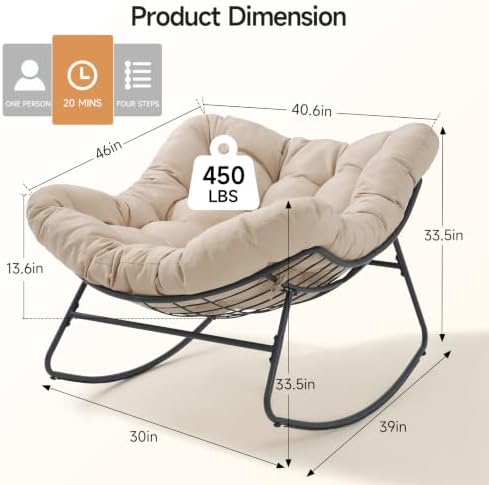 Papasan Rocking Chair, Oversized Outdoor Egg Chair with Thick Cushion