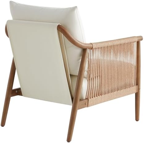 CHITA Braid Accent Chair with Wood Frame and Paper Cord Armrest, Cream
