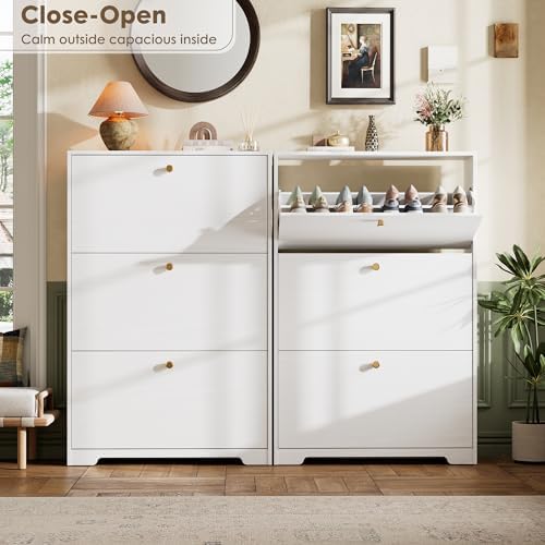 Shoe Cabinet with 3 Flip Drawers, Narrow Shoe Organizer Cabinet, Freestanding...