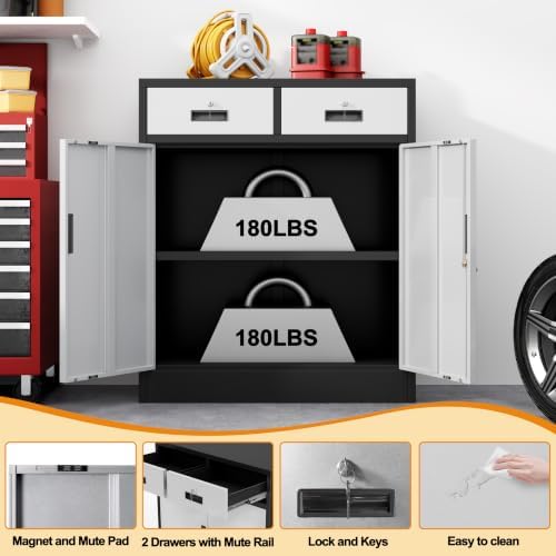 Wanfu Metal Storage Cabinet, 36" H Locking Storage Cabinet with 2 Drawer...