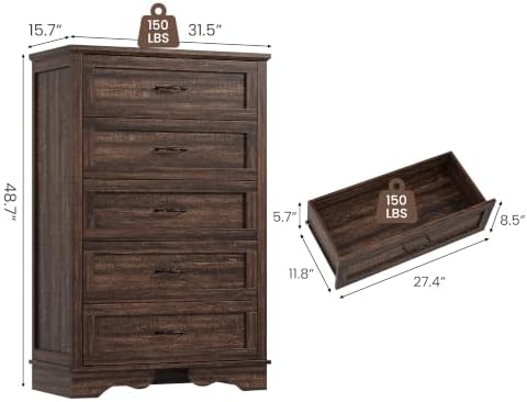 Garvee Brown 5 Modern Chest of Drawers Dresser with Storage for Bedroom