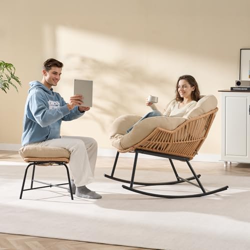 ONBRILL Papasan Rocking Chair with Ottoman, Oversized Papasan Chair, Beige