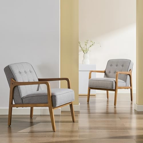 SOFTHION Linen Mid Century Modern Chair with Solid Wood Frame, Grey