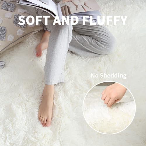 5x7 Thick Cream White Shag Rug for Girls Bedroom, Soft Plush Carpet