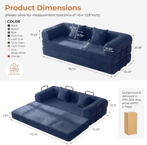 79" Convertible Futon Sofa Bed, Boneless Couch for Living Room