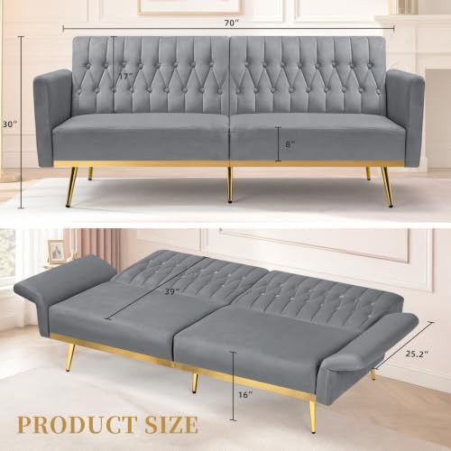 70” Velvet Futon Sofa Bed w/Adjustable Armrests, Grey