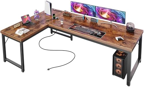 Huuger 63 Inch L Shaped Desk with Power Outlets and USB-C Port, 0.95 Inch Thi...