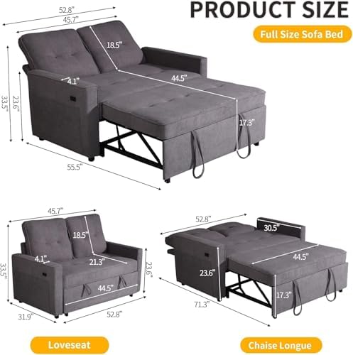 Actinidia 3 in 1 Convertible Sofa Bed, 53" Modern Loveseat Sleeper Sofa ...