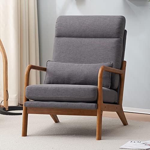 Bonnlo High Back Linen Dark Grey Mid Century Modern Accent Chair, Soild Wood ...