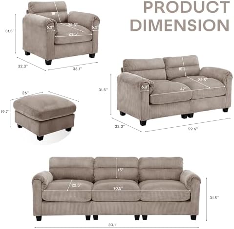 HAOMARKETS Corduroy Sofa Set, Upholstered Ottoman Footrest, Modern Living Roo...