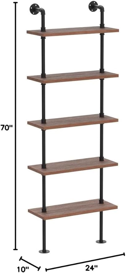 5 Tier Industrial Ladder Bookshelf, Wall Mounted Wood Metal Rustic Pipe Shelv...