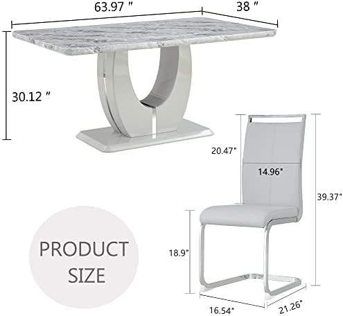 JUFU 7 Piece Dining Table Set for 6, 63 Inch Faux Marble Rectangular Kitchen ...
