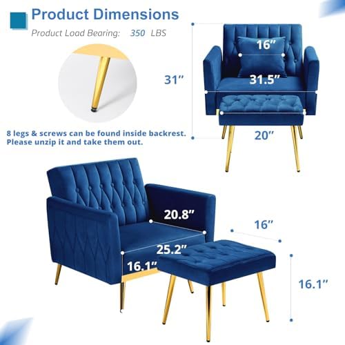 3 Pieces Velvet Sofa Set w/Adjustable Armrest &Backrest,Blue