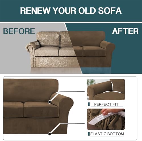 FantasDecor 4 Piece Sofa Velvet Couch Covers, Sofa, Bronze Brown | 3 Cushion,...