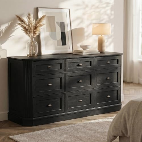 Farmhouse 9 Drawers Black Dresser for Bedroom, 63.07" Wide Chest of Draw...