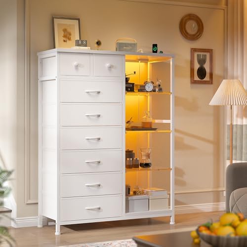 EnHomee White Dresser with LED Lights & Power Outlets, 8 Drawers, 54" H