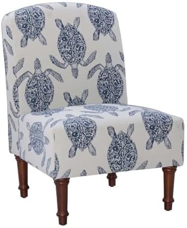 Linon Hawksbill Upholstered Turtle Print Armless Accent Chair in Blue & C...