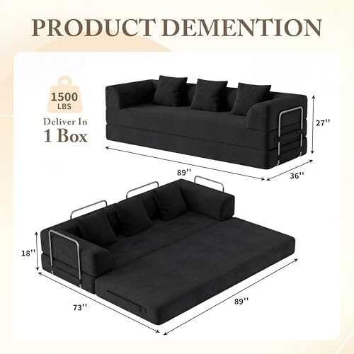 89" Convertible Futon Sofa Bed, Boneless Couch for Living Room, 3 Seater