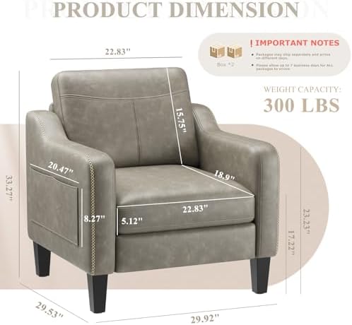MALOL PU Leather Accent Chair Set of 2 with Solid Wood Frame, Grey
