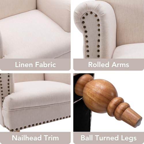 Beige Linen Fabric Accent Chair, Modern Farmhouse Upholstered Armchair with N...