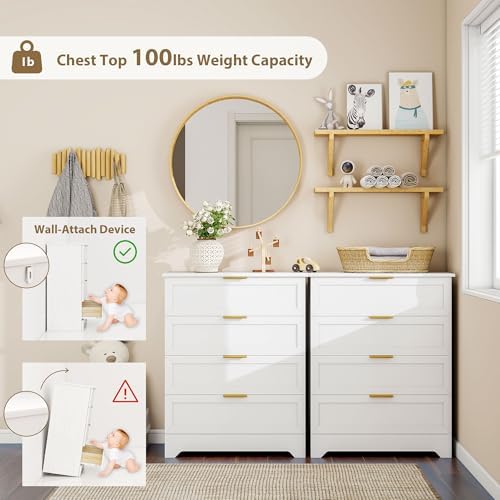 FTZxHKLX White 4 Drawer Dresser for Bedroom, Modern Chest of Drawers