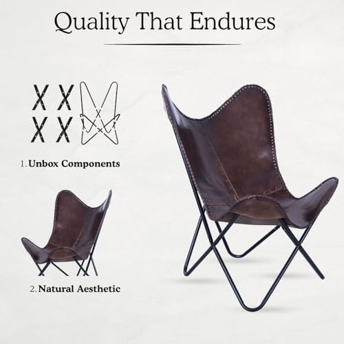 Vintage Brown Leather & Arm Butterfly Chair | Genuine Tan Leather Butterf...