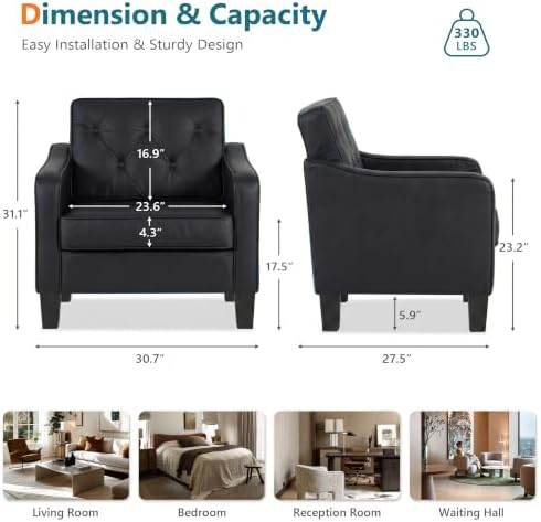 Black Accent Chairs Set 2, Faux Leather Armchair, Mid Century Modern Lobby
