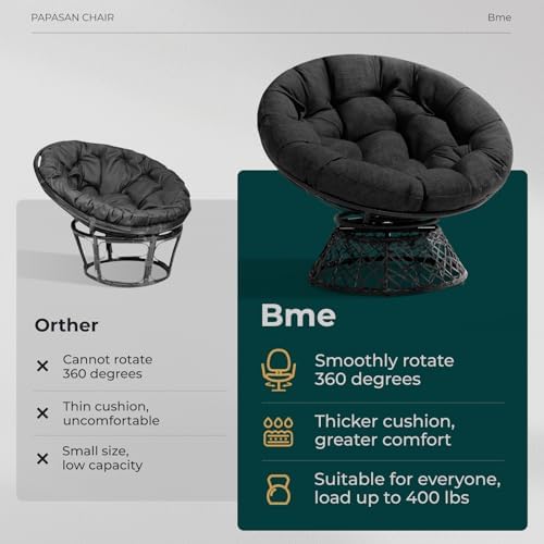 Bme 40" Wicker Papasan Chair, 360° Swivel, Onyx Stone - Black Base