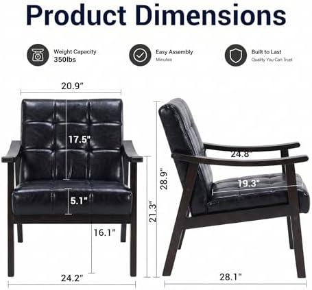 Mid Century Modern Faux Leather Accent Chair, Lounge Chair Indoor Comfy Uphol...