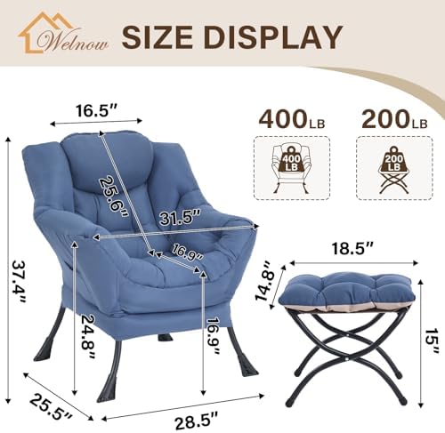 Welnow Lazy Chair with Ottoman, Reading Chair with Footrest,Royal Blue