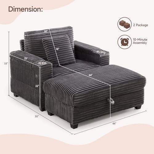 ONBRILL Corduroy Oversized Chair with Ottoman, W44 Armchair, Cup Holder