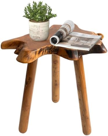 Natural Teak Wood Live Edge Side Table with Wood Legs – Rustic Side Table for Living Room, Bedroom – Sturdy Real Teak Wood End Table, Easy to Assemble (18" x 20" x 20")
