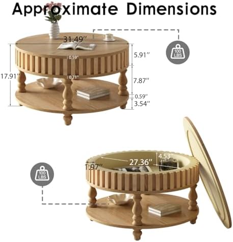 TesNus 31.5'' Round Coffee Table with Storage, Modern Wood Coffee Tab...