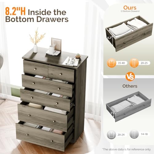 VINGLI Tall Dresser, Rustic Grey Dresser 6 Drawer Chest of Drawers, Wood Gray...