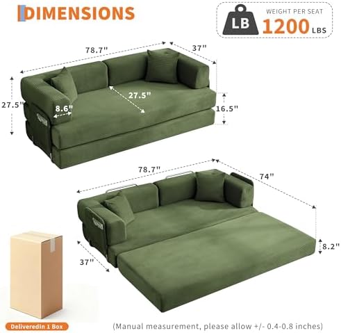 Garvee 5-in-1 Convertible Sofa Bed, 78.8" Modular Corduroy Sleeper with ...