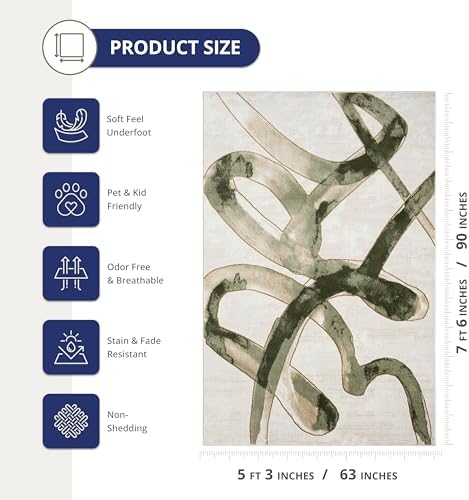 Abani Beige Cream Green Graffiti Washable Area Rug – 5' x 8' – Abstra...