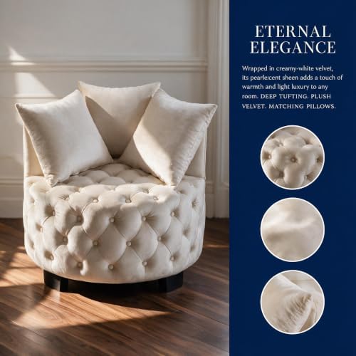 Modern Velvet Round Accent Armchair - 31.25''W Upholstered Button Tuf...