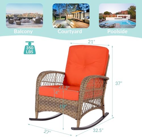 MEETWARM Outdoor Wicker Rocking Chair, Rattan Patio Rocker Chairs with Cushio...