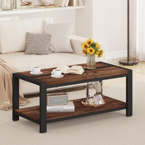 BON AUGURE Coffee Tables for Living Room, 2 Tier Storage Shelf, 43In Rustic